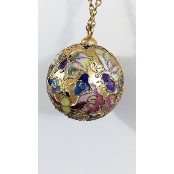 Large Globe Ball Butterfly Design Cloisonne Pendant Necklace - Picture 8 of 16